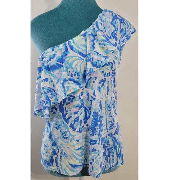 Lilly Pulitzer Shirt Womens X-Small One Shoulder Shirt Shades of Blue Beachy Fun - Picture 2 of 7